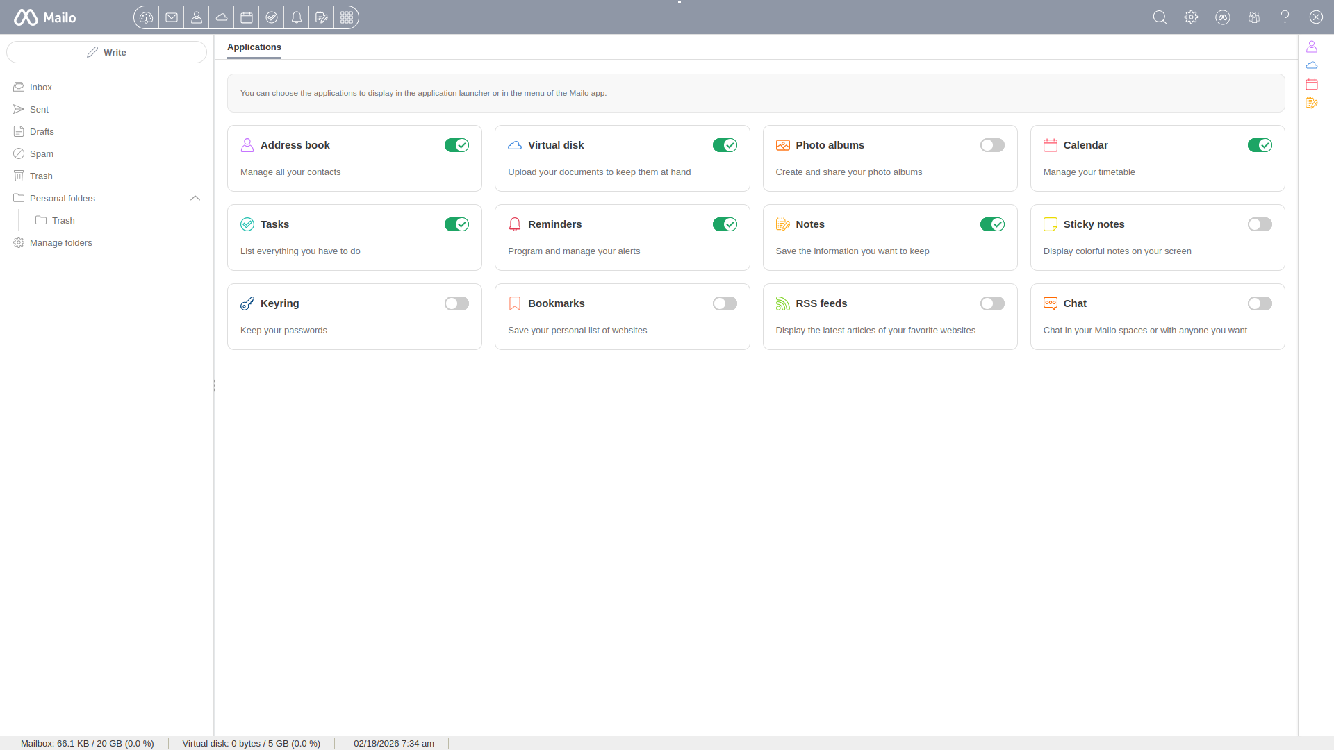 Screenshot of the Mailo applications panel.